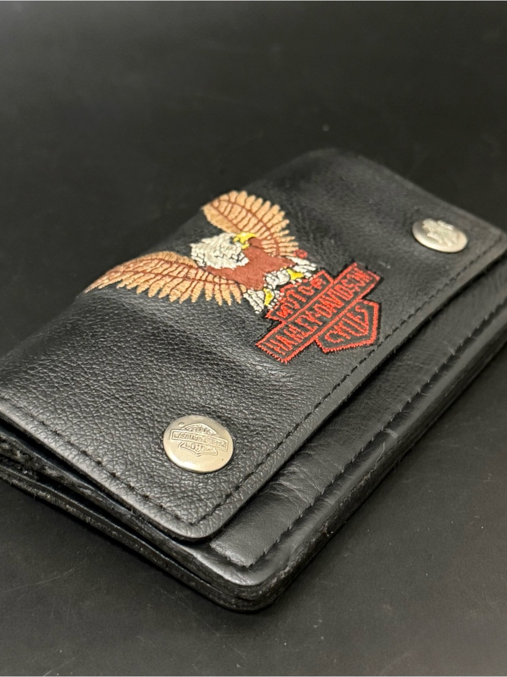 Vintage Harley-Davidson Black Embroidered Eagle Biker Wallet 6”X3.5” NO CHAIN - Picture 13 of 15